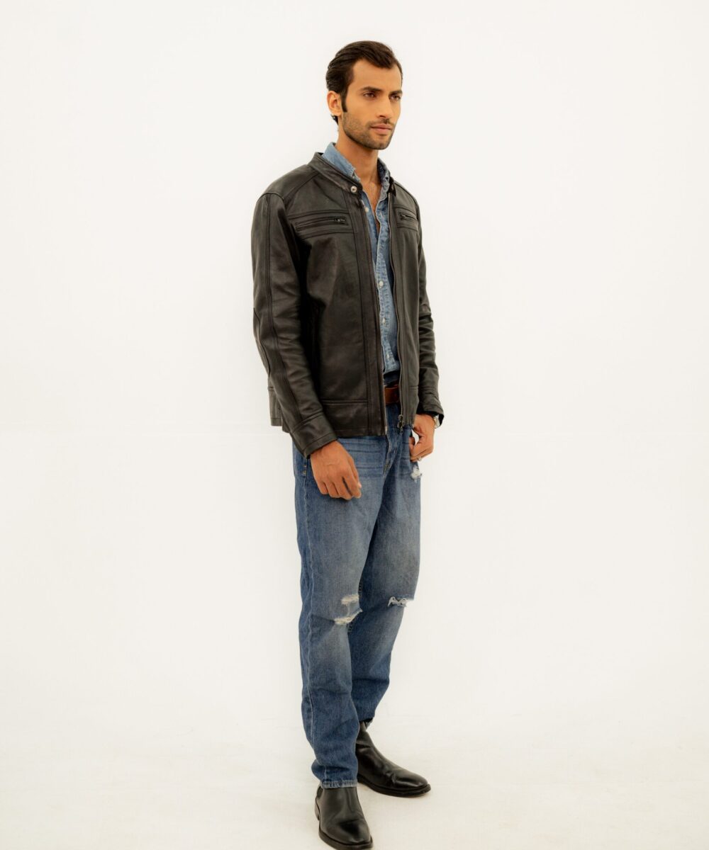 Black Racer Leather  Jacket - Image 7
