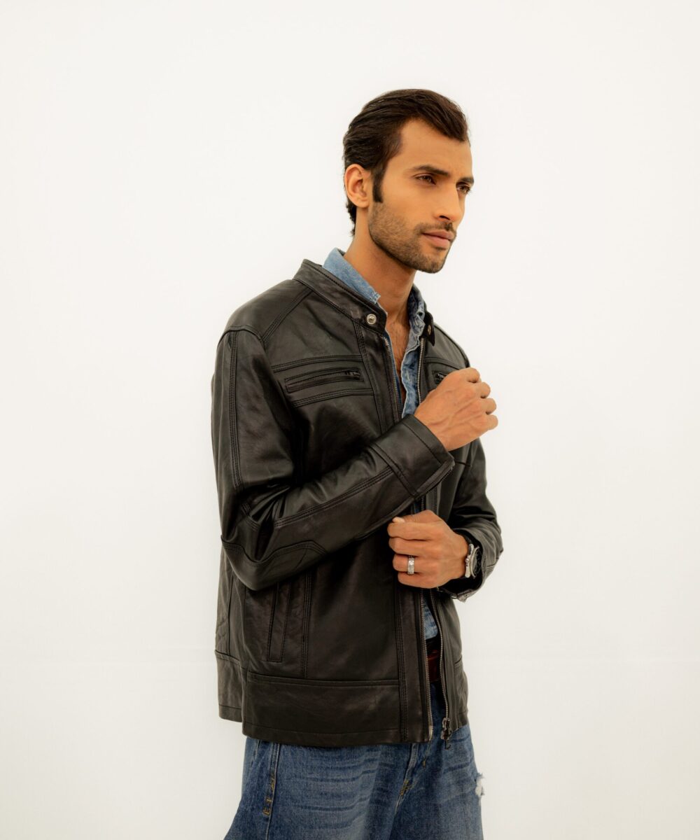 Black Racer Leather  Jacket - Image 3