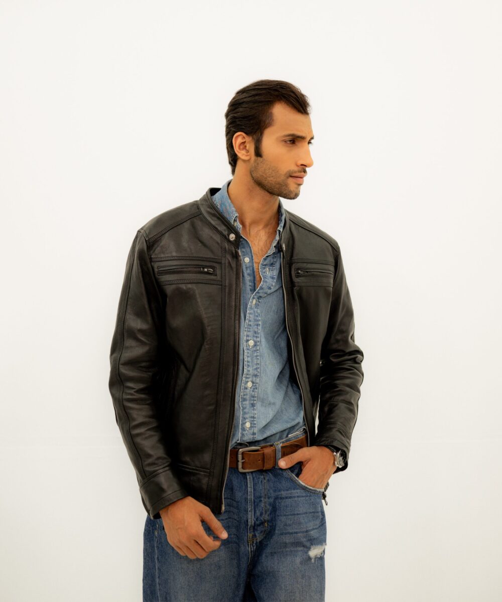 Black Racer Leather  Jacket - Image 2