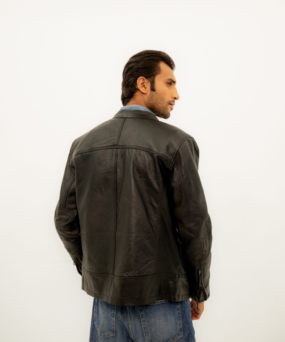 Black Racer Leather  Jacket - Image 5