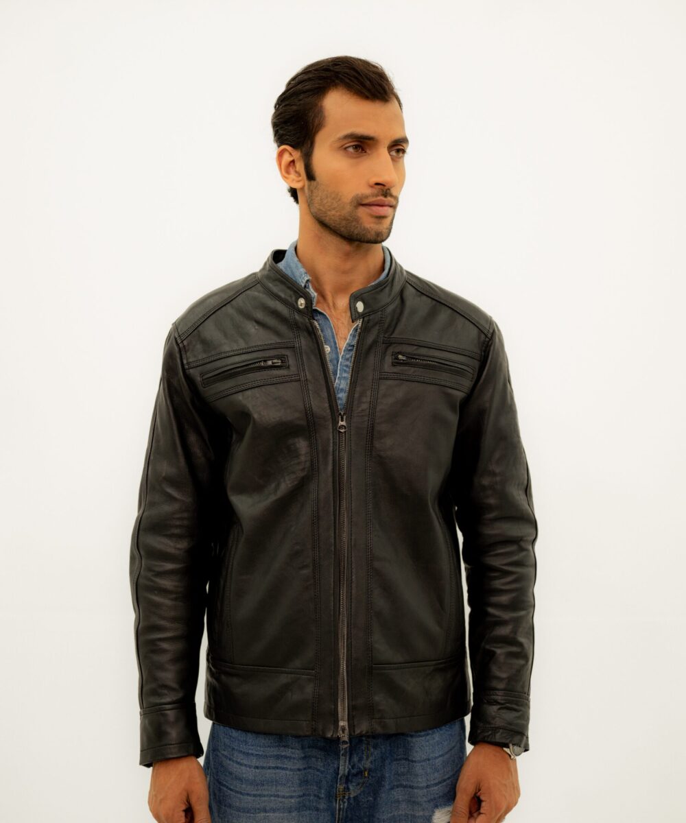 Black Racer Leather  Jacket - Image 4