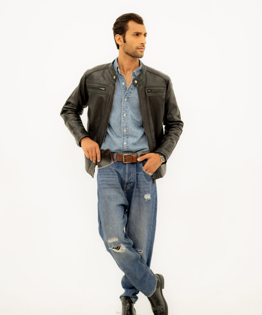 Black Racer Leather  Jacket - Image 8